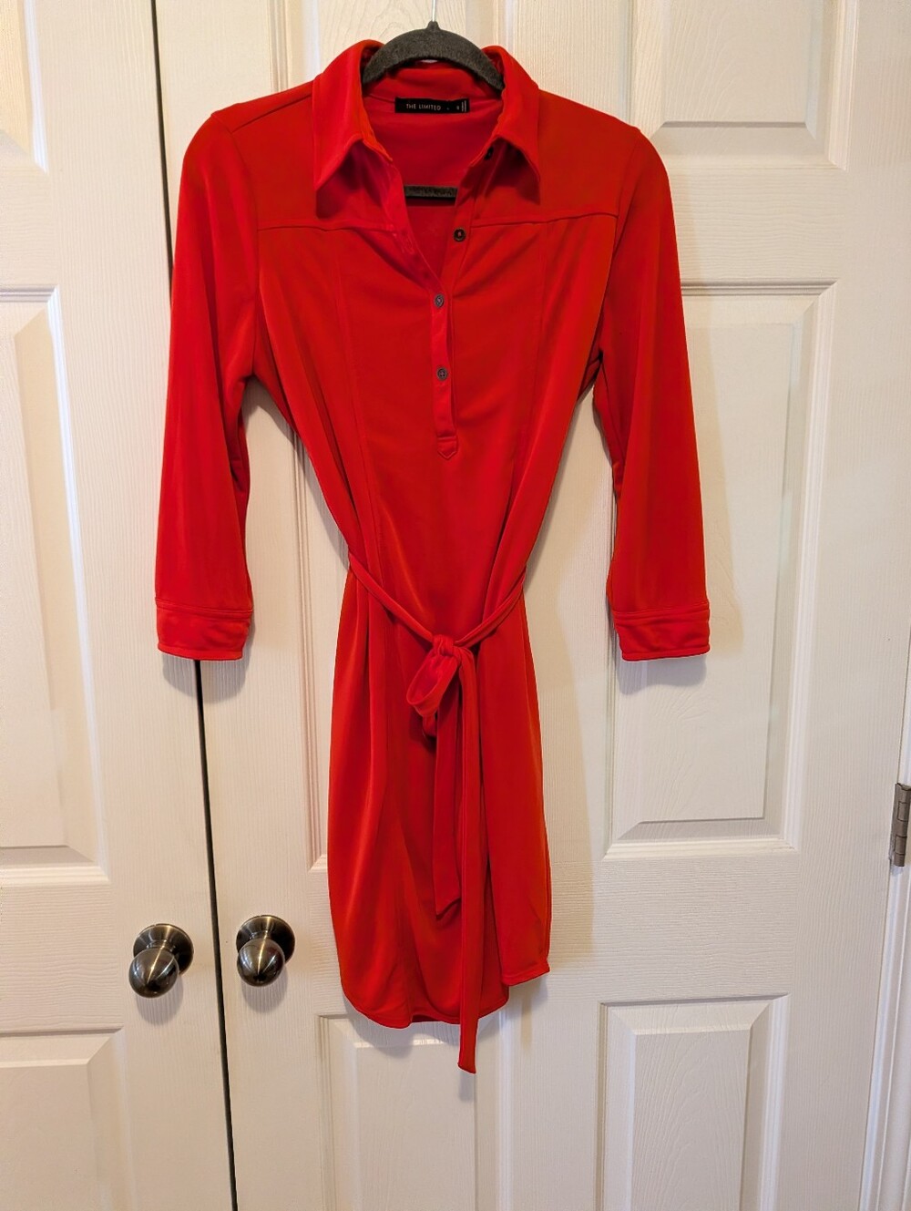 The Limited Red Long Sleeve Button-Down Shirt Dress with Belt S